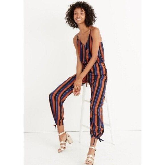 Madewell‎ X No. 6 Playa Cami Silk Jumpsuit Women 6 Orange Navy Striped Preppy - Picture 12 of 12